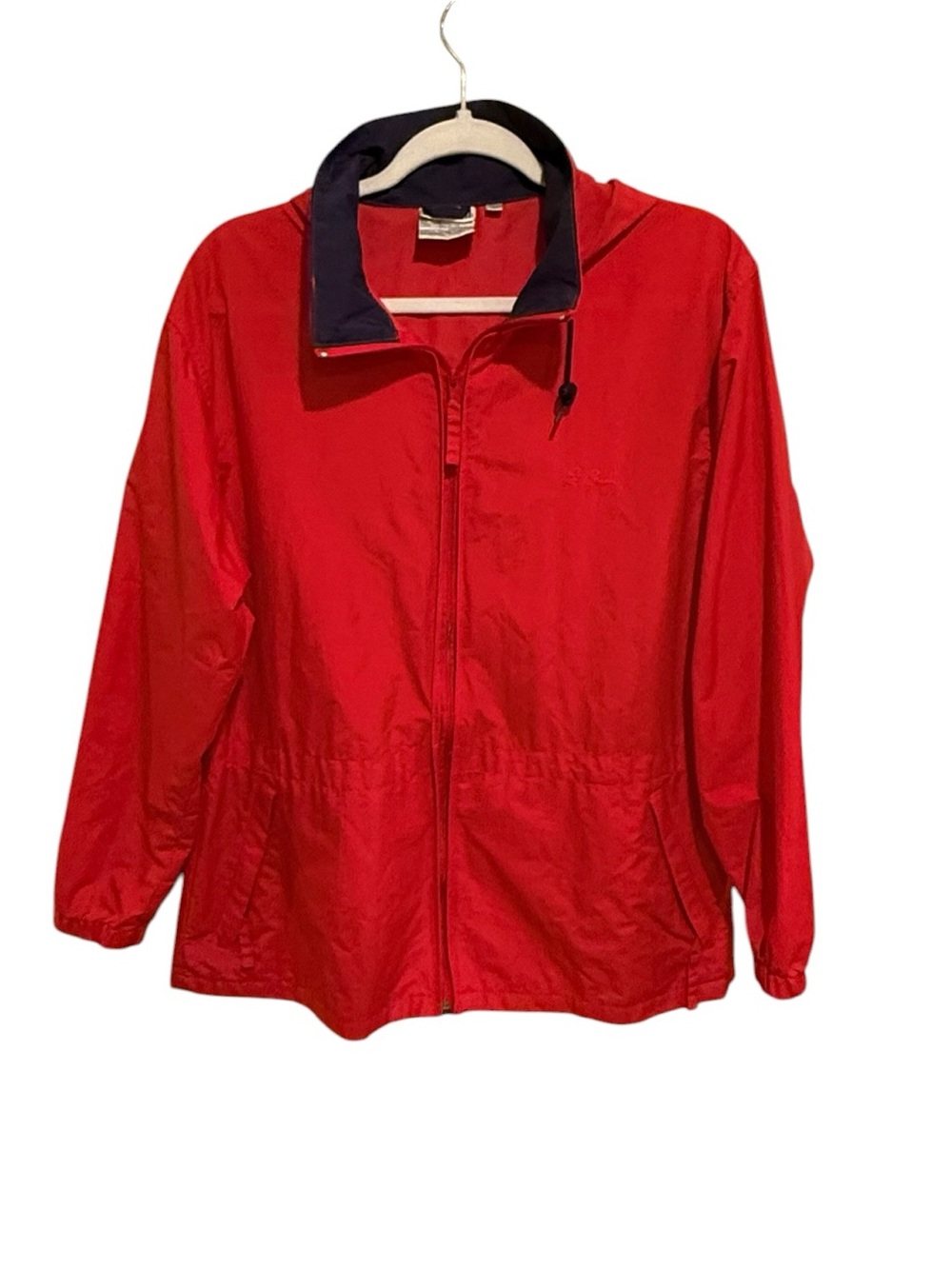 VINTAGE L.L. Bean Red Rain Wind Jacket - Navy Trim with Hide Away Hood - Size M